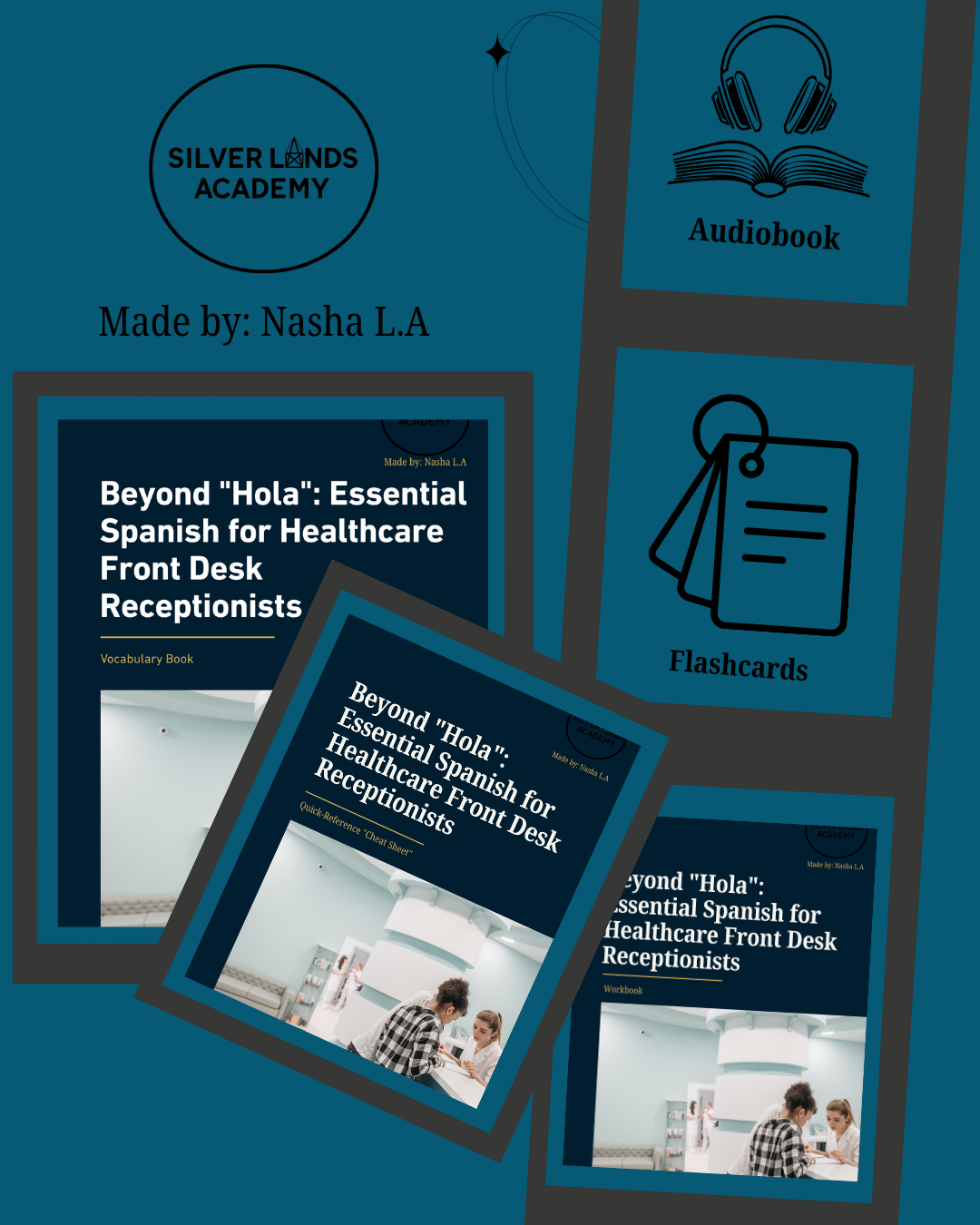Medical Spanish for Healthcare Receptionists – Ebook, Workbook, Audio, Cheat Sheet & Flashcards