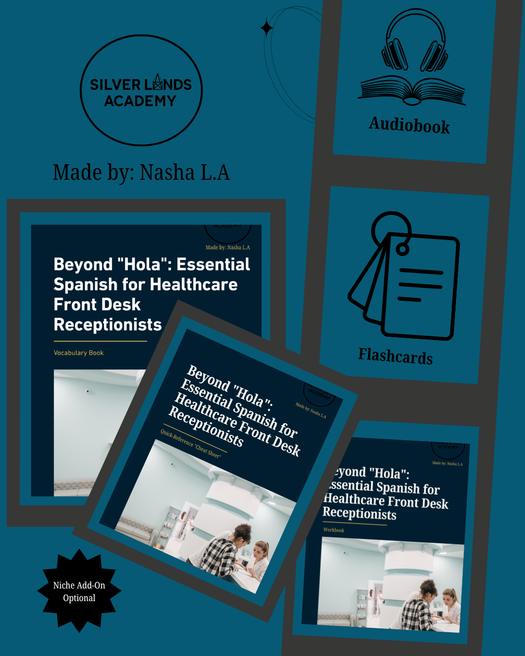 Medical Spanish for Healthcare Receptionists – Ebook, Workbook, Audio, Cheat Sheet & Flashcards